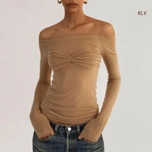 Nude off-the-shoulder long sleeve top with ruched detail
